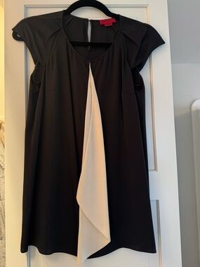 Hugo Boss Silk Black and Cream Draped Cap-Sleeve Blouse